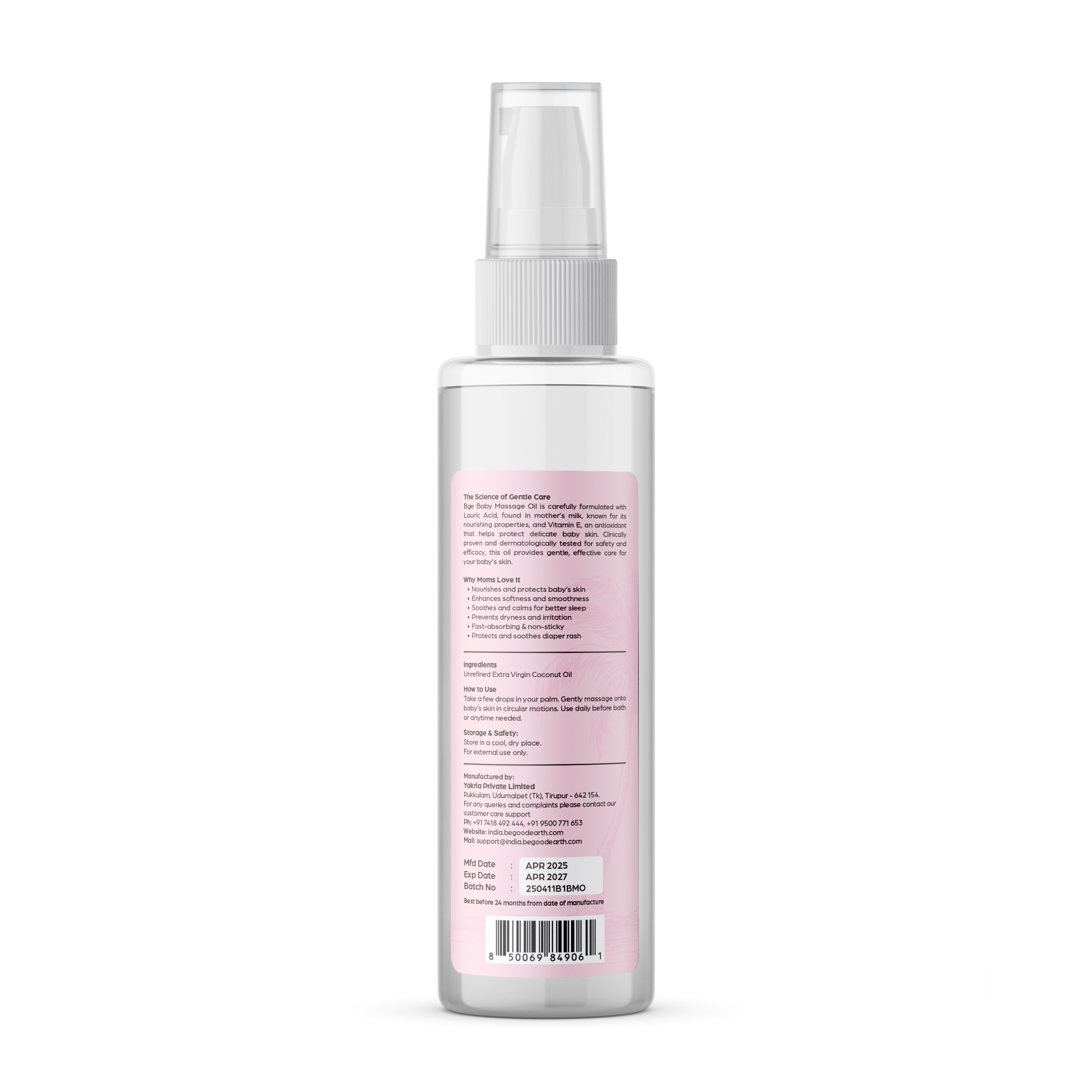 Be Good Earth coconut baby massage oil – Back side